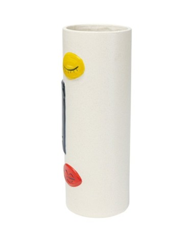 Vase visage en grès blanc, bleu, jaune et rouge H33