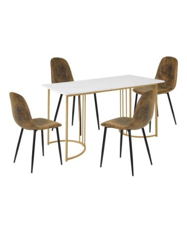 Ensemble table à manger marbre blanc doré avec 4 chaises brun