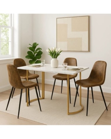 Ensemble table à manger marbre blanc doré avec 4 chaises brun