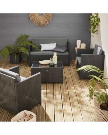 Salon de jardin 4 places en résine tressée noire et coussins gris