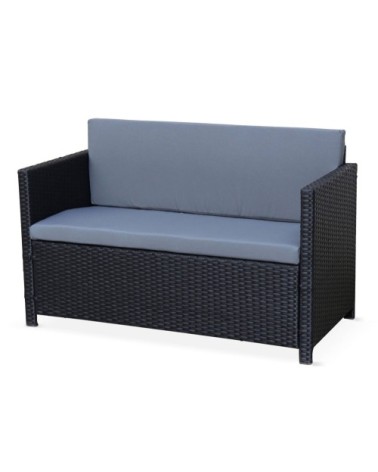 Salon de jardin 4 places en résine tressée noire et coussins gris