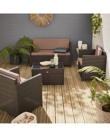 Salon de jardin 4 places en résine tressée chocolat coussins marrons