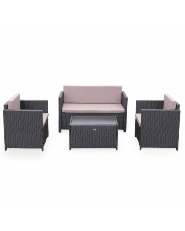 Salon de jardin 4 places en résine tressée chocolat coussins marrons