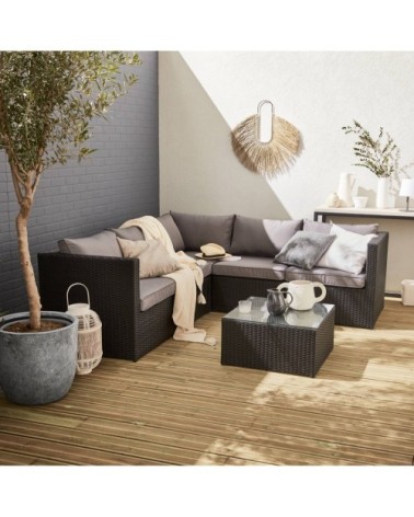 Salon de jardin 5 places en résine tressée noir avec coussins gris