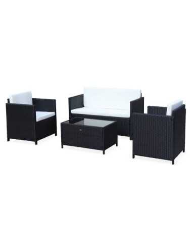 Salon de jardin 4 places en résine tressée noire et coussins écrus