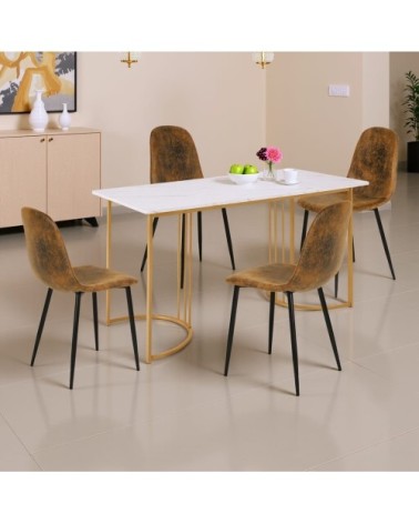 Ensemble table à manger marbre blanc doré avec 4 chaises brun