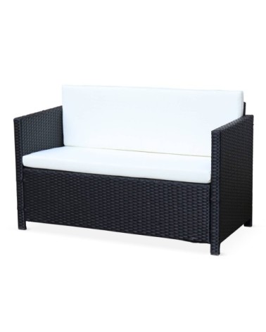 Salon de jardin 4 places en résine tressée noire et coussins écrus