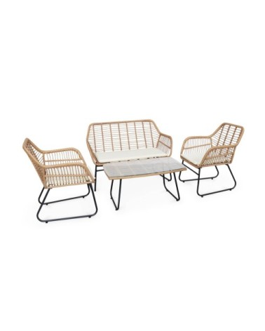 Salon de jardin 4 places en résine bambou structure en métal noir