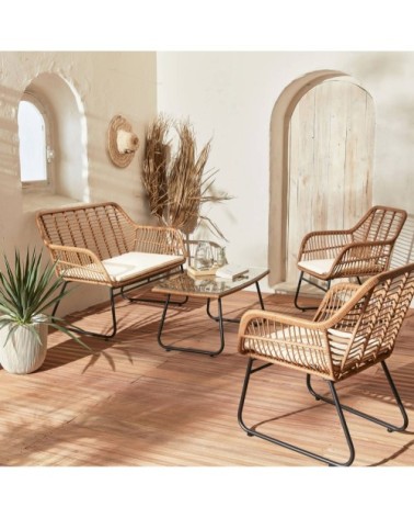 Salon de jardin 4 places en résine bambou structure en métal noir