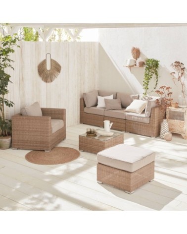 Salon de jardin 5 places en résine tressée naturelle coussins écrus