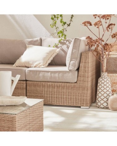 Salon de jardin 5 places en résine tressée naturelle coussins écrus