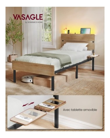 Cadre de lit 90 x 190 avec sommier métal port usb et type-c marron
