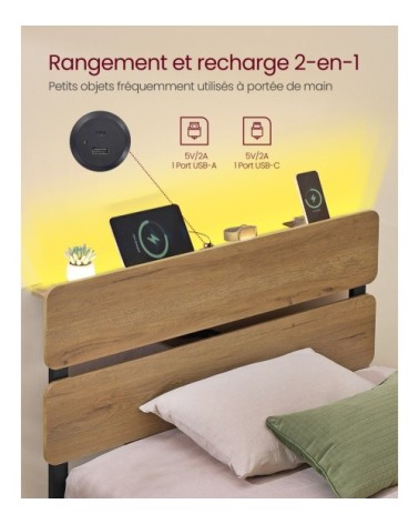 Cadre de lit 90 x 190 avec sommier métal port usb et type-c marron