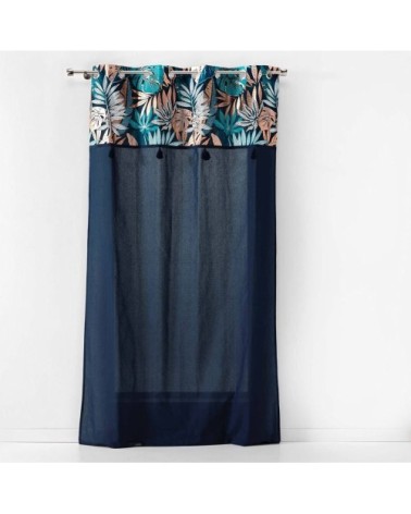 Rideau uni top métallisé pompons bleu coton 140x240cm