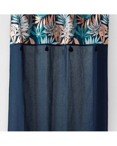 Rideau uni top métallisé pompons bleu coton 140x240cm
