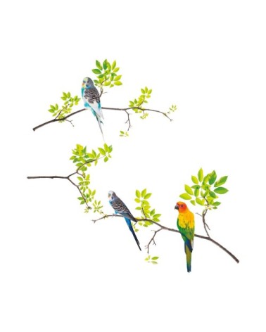 Stickers muraux 3 perruches sur branches 31x66cm