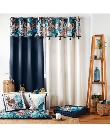 Rideau uni top métallisé pompons bleu coton 140x240cm