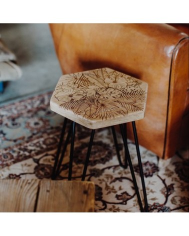 Tabouret en chêne massif gravure Jungle H 48,5 cm