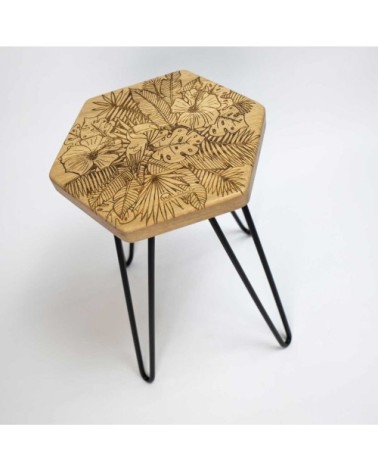 Tabouret en chêne massif gravure Jungle H 48,5 cm