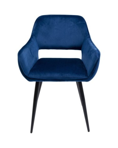 Chaise avec accoudoirs en velours bleu pétrole et acier