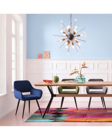 Chaise avec accoudoirs en velours bleu pétrole et acier