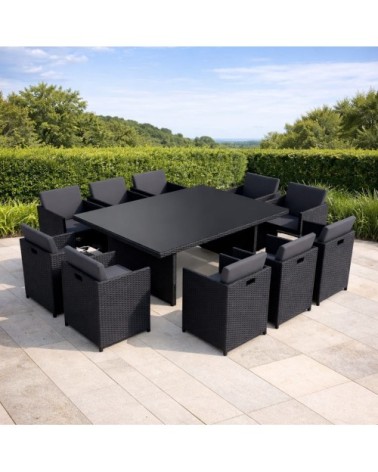 Salon de jardin 6 places noir-gris + housse de protection
