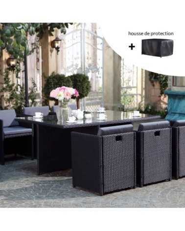 Salon de jardin 6 places noir-gris + housse de protection