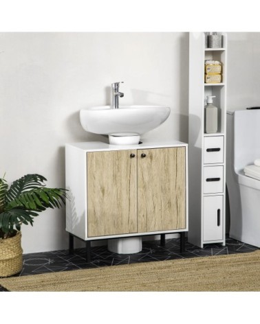 Meuble sous lavabo double porte piètement en métal blanc