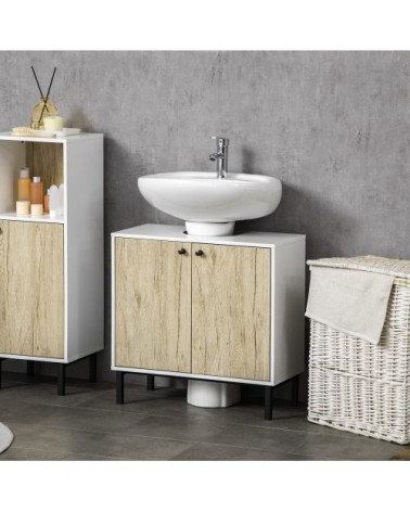Meuble sous lavabo double porte piètement en métal blanc