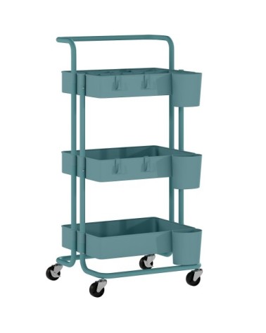 Chariot de rangement à roulettes 3 niveaux acier bleu-vert