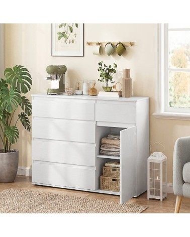 Commode 5 tiroirs étagère réglable porte à fermeture douce bois blanc