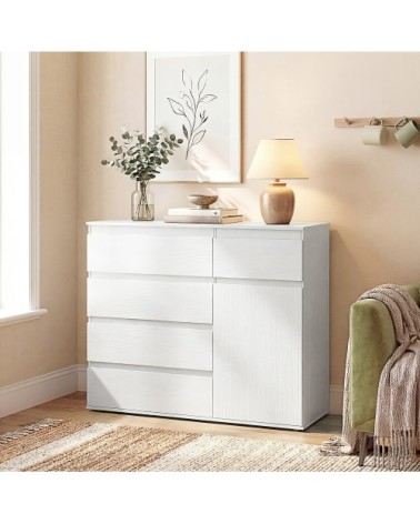 Commode 5 tiroirs étagère réglable porte à fermeture douce bois blanc