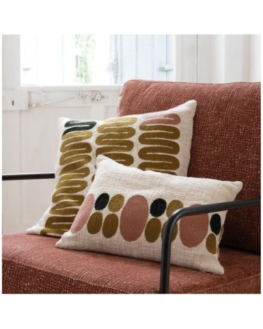 Housse de coussin en polycoton brodé - rose et curry - 60 x 40 cm
