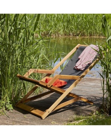 Transat noir en acacia et textilène