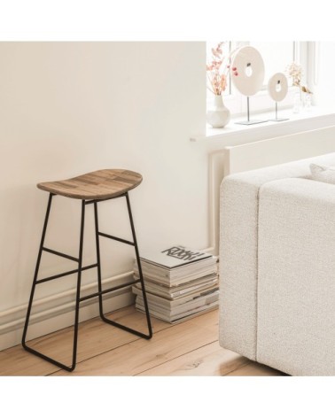 Tabouret de bar 65cm en métal et teck recyclé