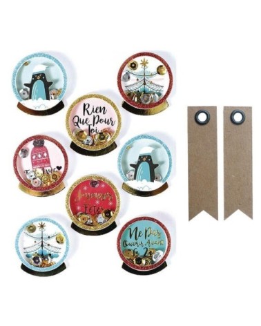 8 stickers 3D de Noël pingouins 4 cm + 20 étiquettes kraft