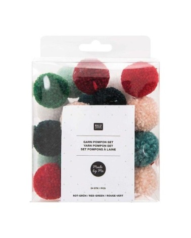 24 pompons en laine vert et rouge de Noël