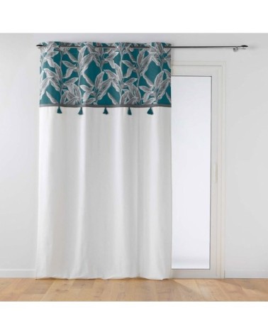 Rideau uni top pompon bleu coton 140x240cm