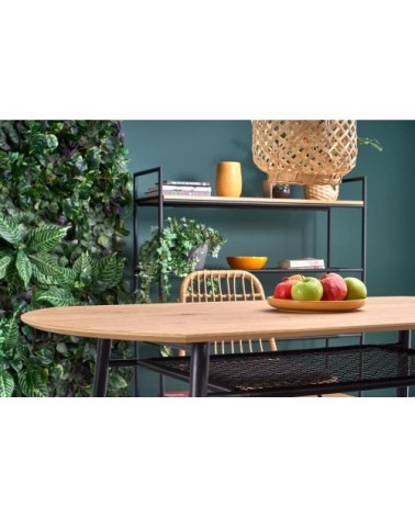 Table de salle à manger chêne doré avec étagère en rotin