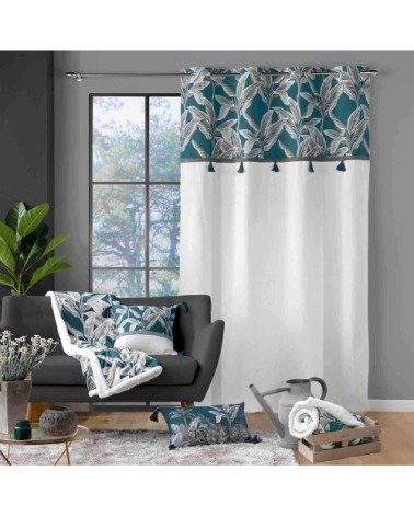 Rideau uni top pompon bleu coton 140x240cm