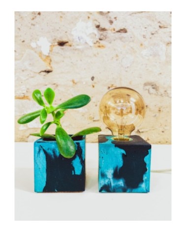 Lampe cube marbré en béton turquoise & bleu