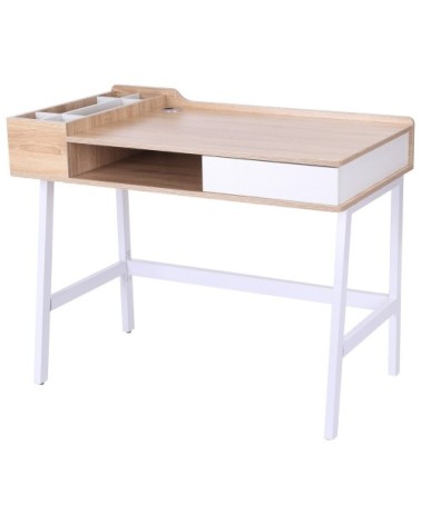 Bureau informatique multi-rangements métal blanc MDF chêne clair