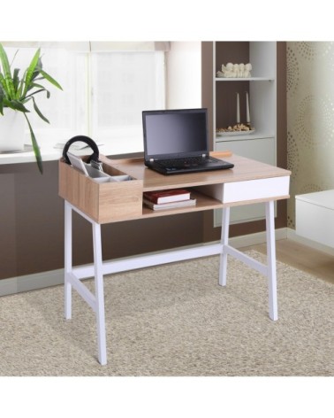 Bureau informatique multi-rangements métal blanc MDF chêne clair