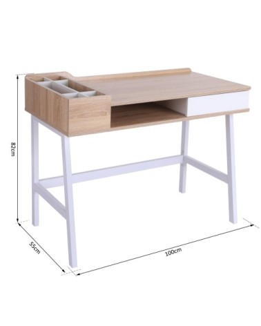 Bureau informatique multi-rangements métal blanc MDF chêne clair