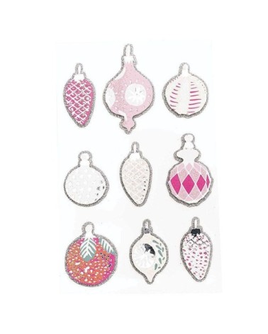 9 Stickers 3D boules de Noël nostalgique à paillettes argentées