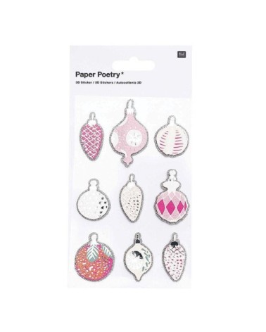 9 Stickers 3D boules de Noël nostalgique à paillettes argentées