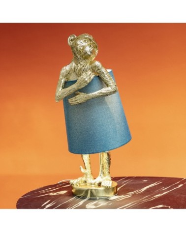 Lampe singe doré en polyrésine et abat-jour en lin bleu