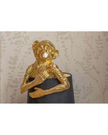 Lampe singe doré en polyrésine et abat-jour en lin bleu