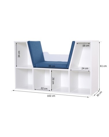 Bibliothèque banc 2 en 1 - 6 casiers blanc coussins inclus