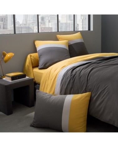 Taie d'oreiller en coton gris et curry 63x63